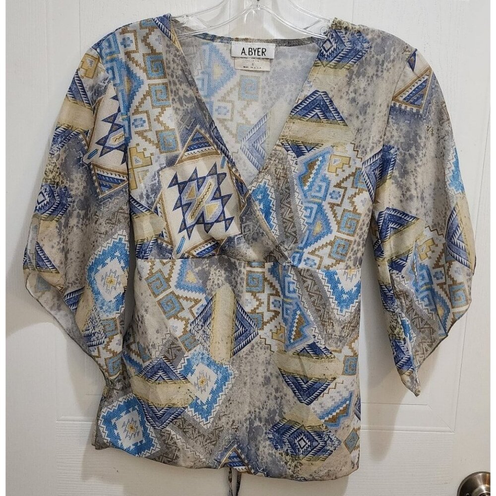 Vtg Y2K A. Byer 3/4 Flutter Sleeve V Neck Babydoll Blouse Aztec Western Sz Small